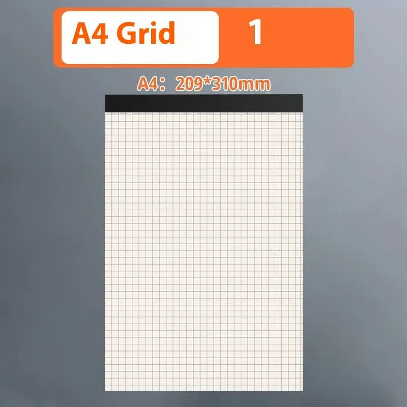 A5, B5, and A4 writing pads with tearable pages in blank, grid, and lined rulings
