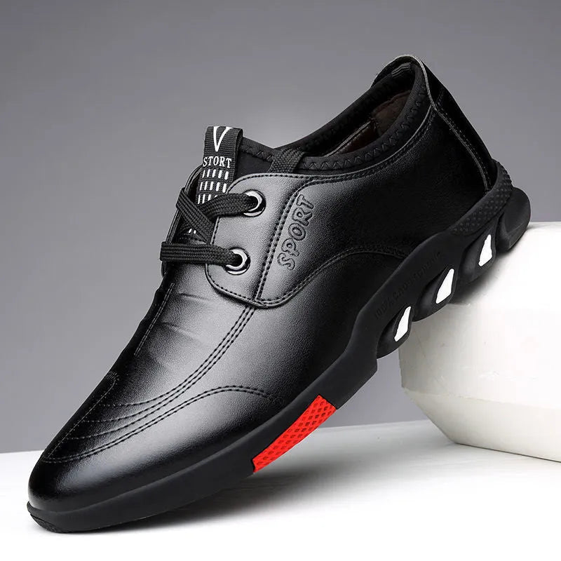 Men's black and brown PU business shoes with flat heel for spring, showing lace-up and slip-on style options