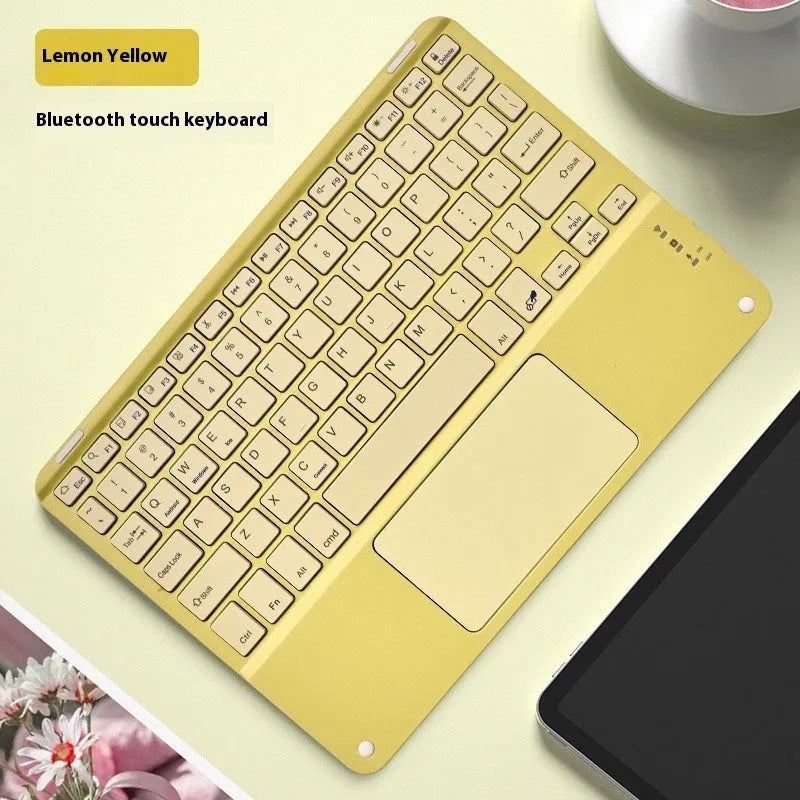 Square hat touch wireless Bluetooth keyboard in assorted colours on a desk.