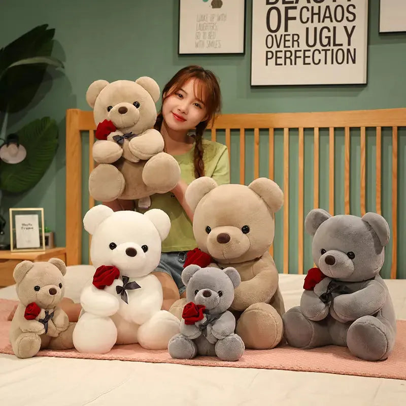 Rose bear plush stuffed animal doll in beige, brown or grey with cartoon design