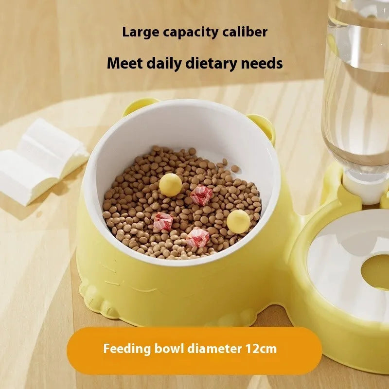 Double bowl automatic cat drinking fountain with stainless steel inserts and ceramic base in haze blue colour