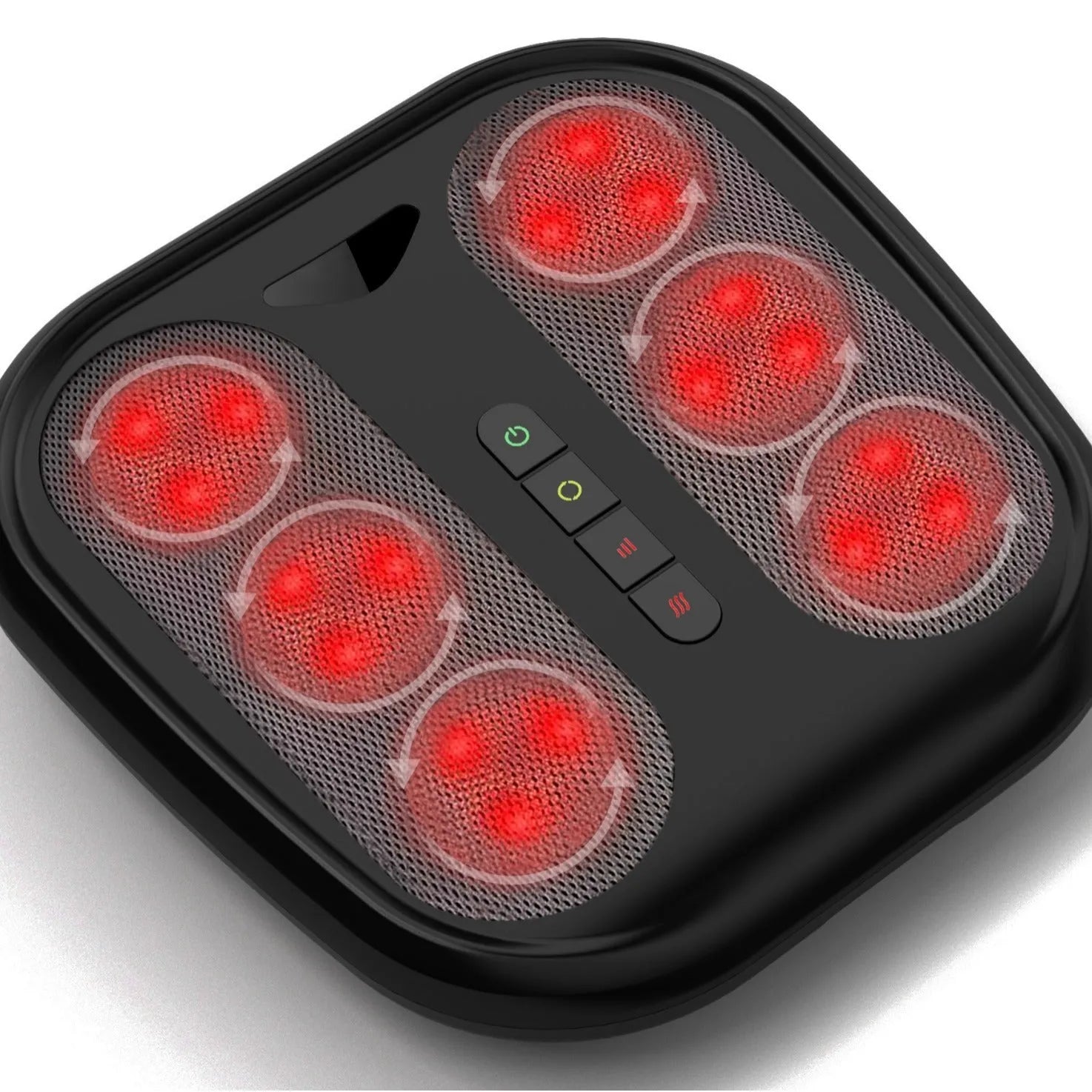 Multifunctional foot massager with kneading nodes and infrared physiotherapy in black, orange, green, and red colours