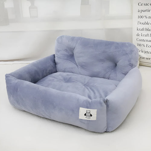 Blue plaid and grey car-mounted pet travel nests in two sizes for small to medium dogs