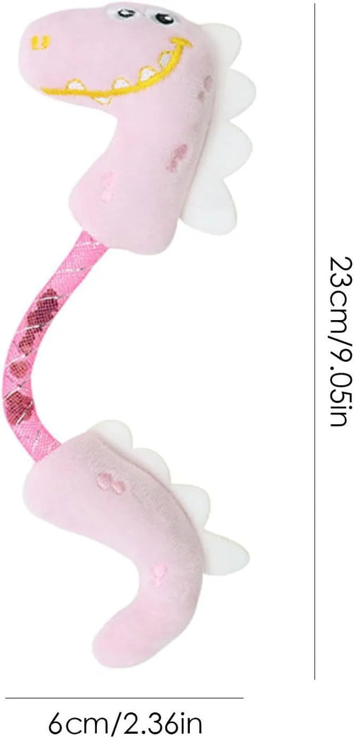 Set of four cat toys: plush fish, mouse, bunny, and a catnip rope on a pink background.