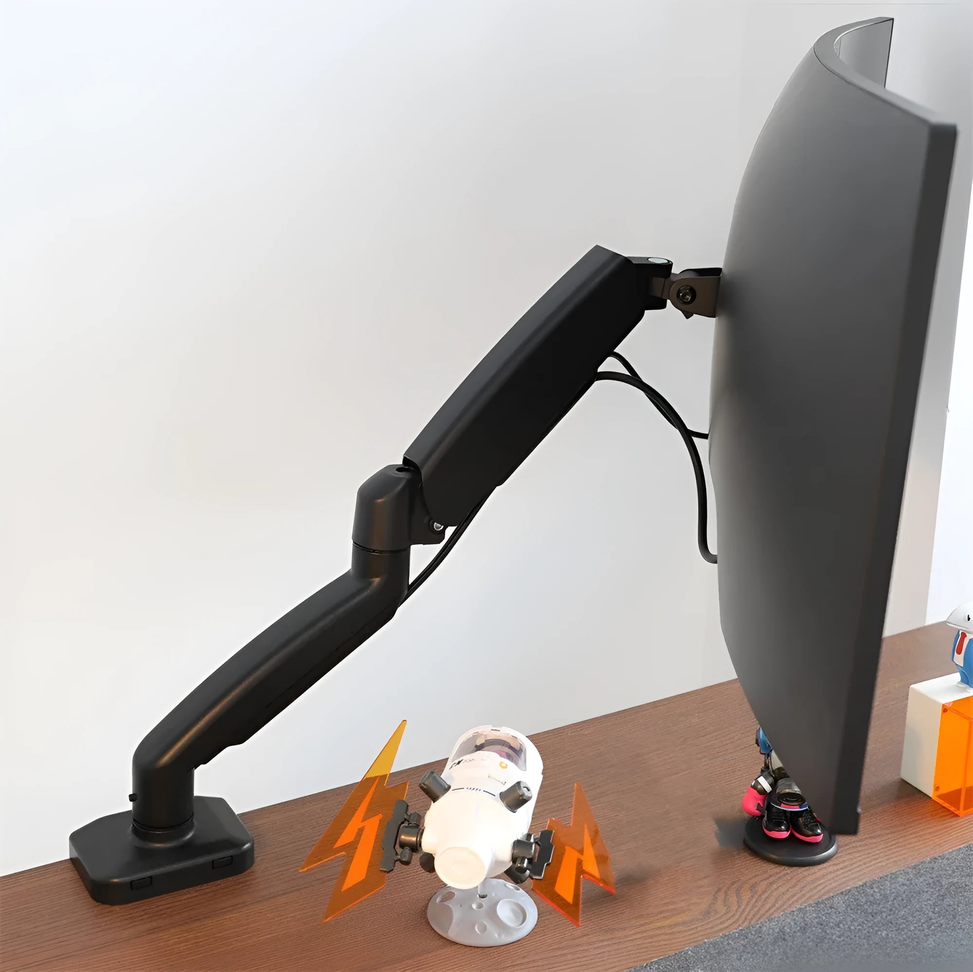 Black LCD screen rotating telescopic bracket elevated rack on desk with adjustable height and rotation mechanism
