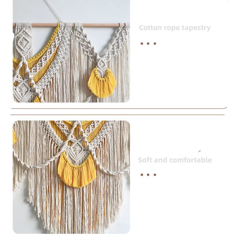 Hand-made cotton Nordic tapestry wall hanging in creamy white with yellow accents, 120cm by 95cm