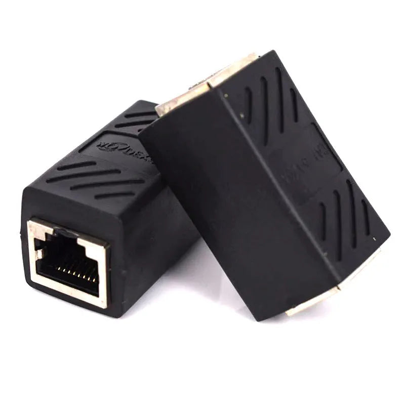 Black RJ45 butt joint extender adapter with rotary connectors for ethernet cable extension