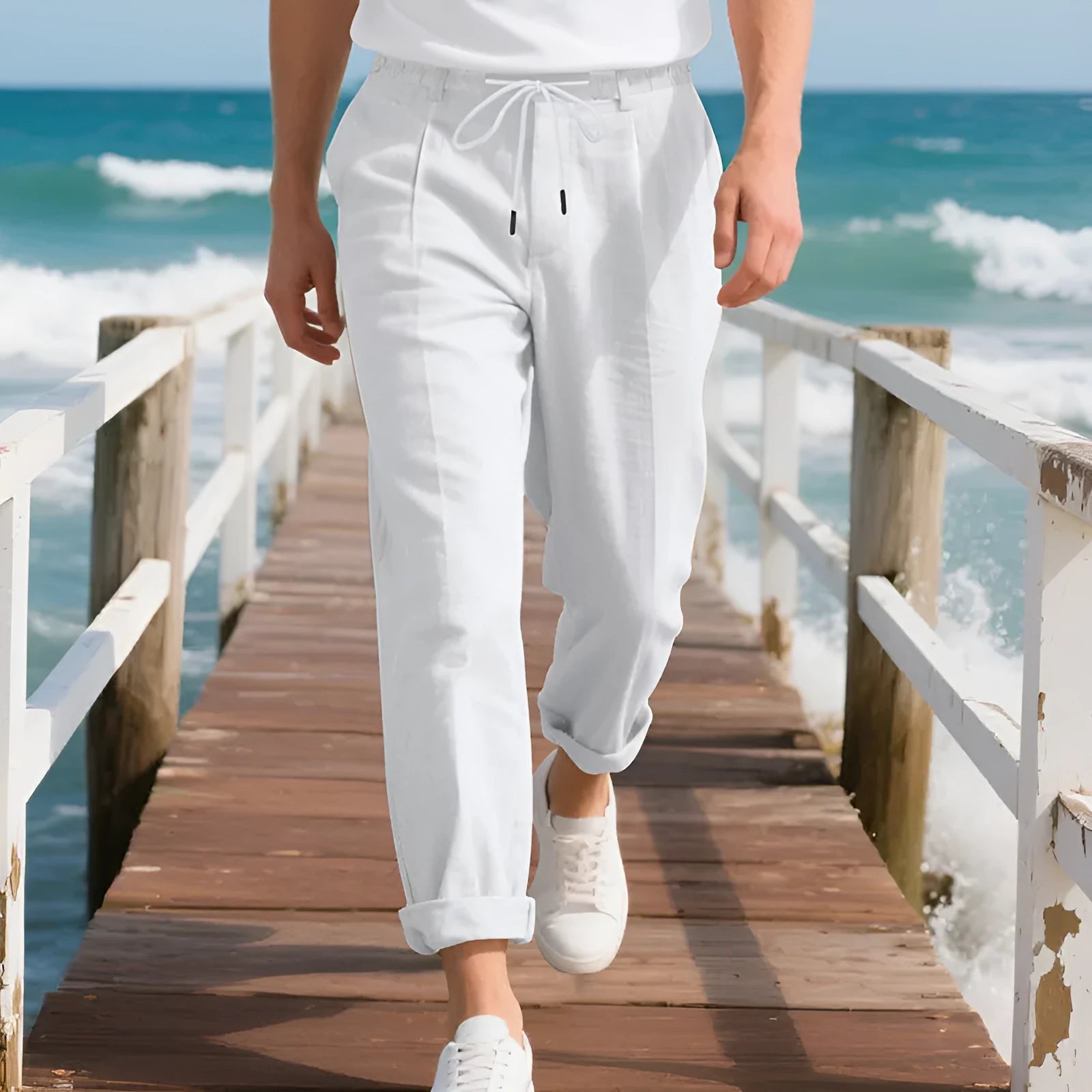 Men's casual linen trousers in light khaki colour with drawstring waist and straight leg