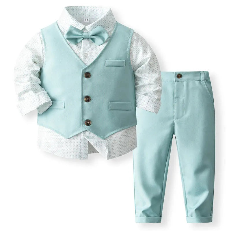 Boy's green cotton three-piece waistcoat suit set with shirt and trousers