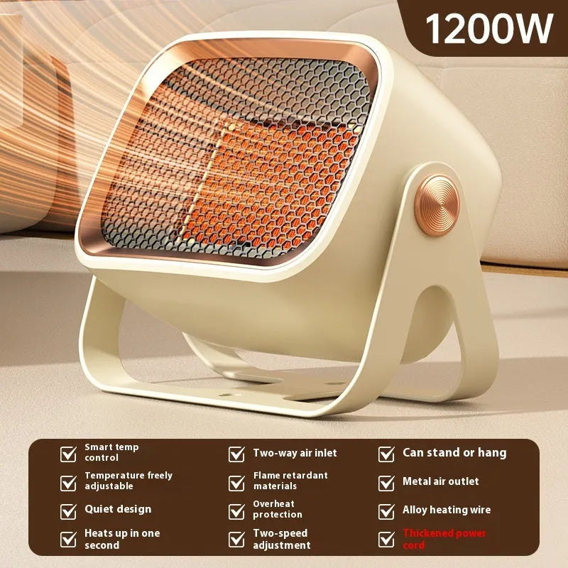 Compact white desktop electric heater with rotatable grill on a wooden table.