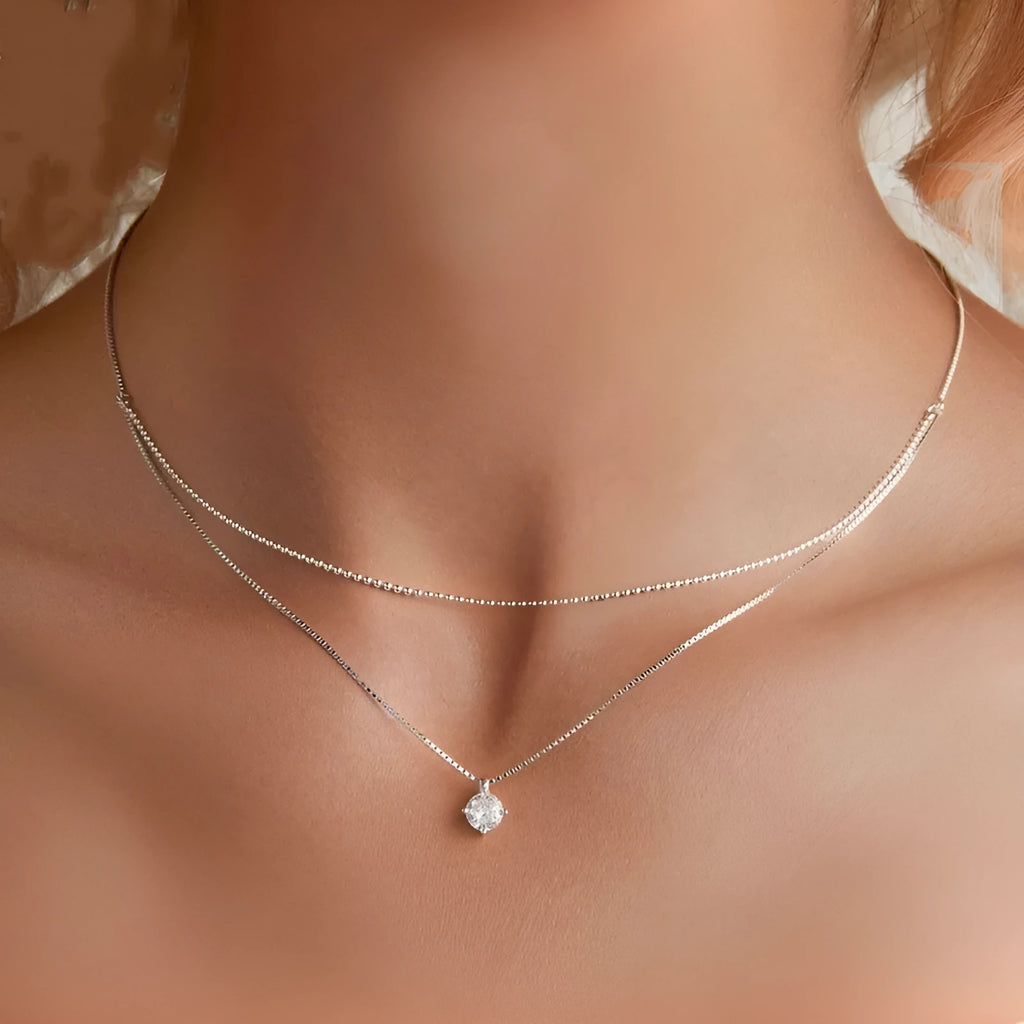 S925 sterling silver double-layer necklace with pearl chain in silver tone