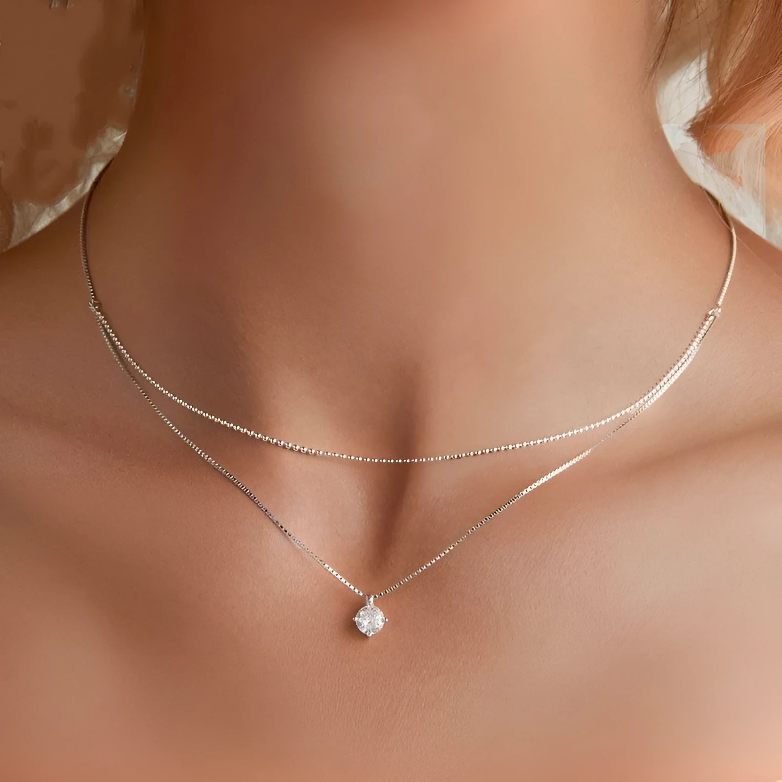 S925 sterling silver double-layer necklace with pearl chain in silver tone