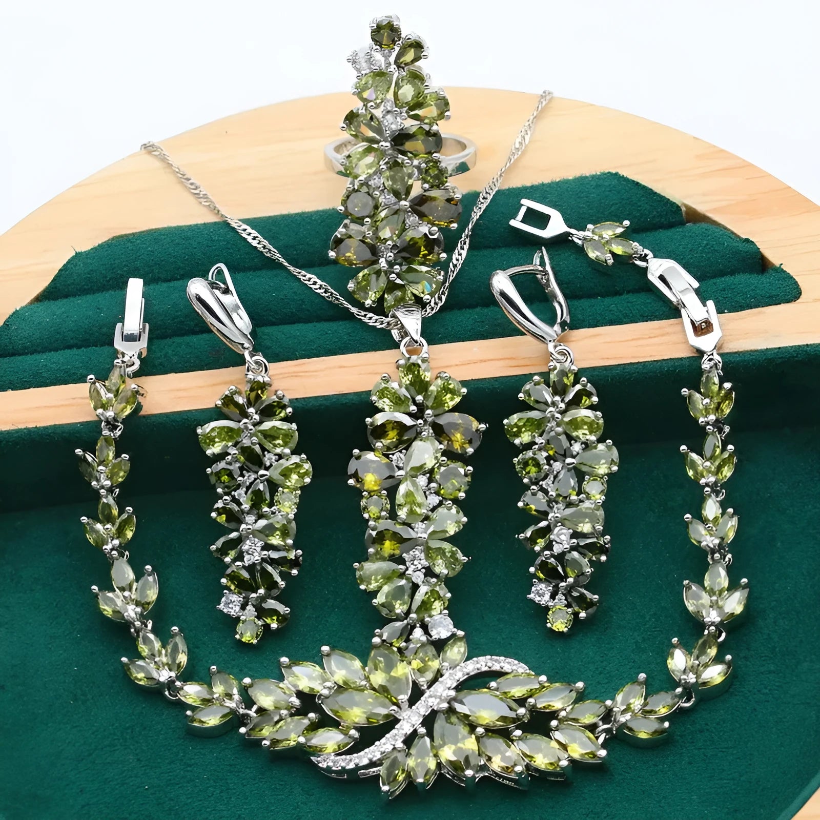 Copper inlaid zircon retro jewellery set with floral pattern including necklace, earrings, ring and bracelet