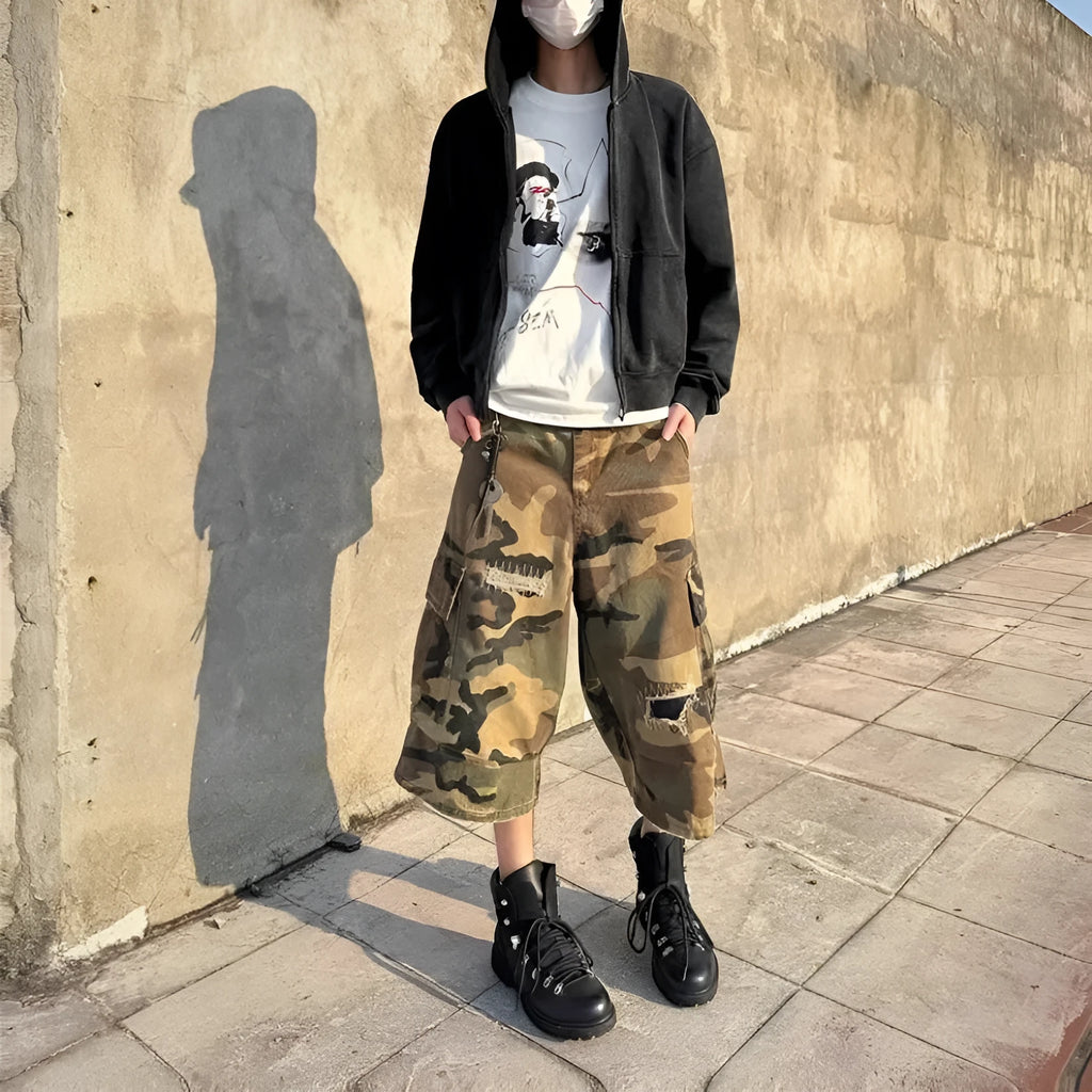 Men's camouflage cropped jeans with retro patches and ripped detailing in straight leg cut