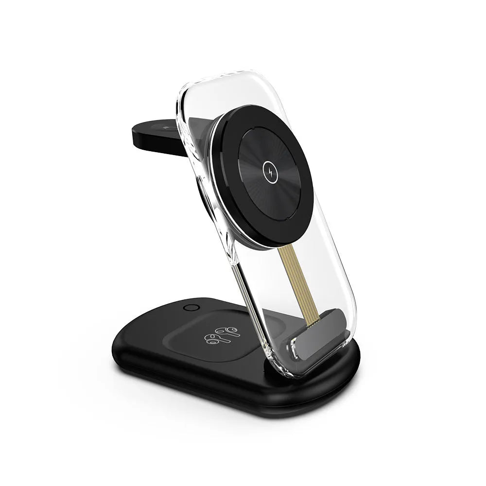 Transparent folding magnetic wireless charger showing black and white colour options with three-device charging capacity