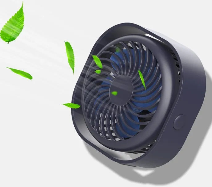 USB desk fan with alarm clock showing 360-degree rotation and rotary switch in blue colour