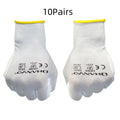 White PU coated work gloves showing 24 cm length with flexible construction
