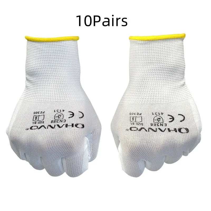 White PU coated work gloves showing 24 cm length with flexible construction