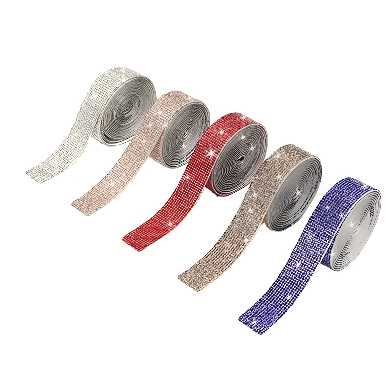 Self-adhesive glass water drill strip on fabric in white and AB colour, showing 0.9cm, 1.7cm, and 2.6cm width options.