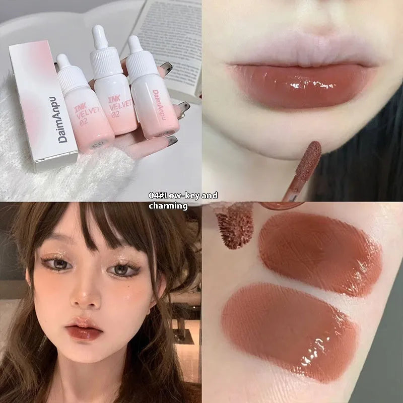Mirror Lip Lacquer tube in 3.5g size showing four shade options from Milk Huhoo series