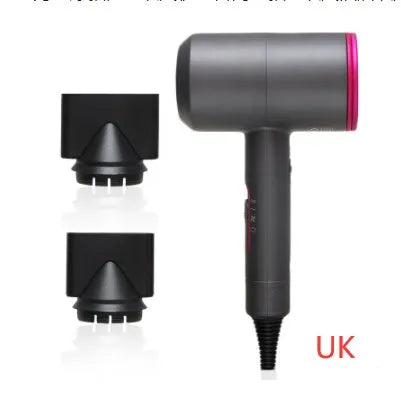 2000W hotel hair dryer with long cable in metallic black, showing UK plug