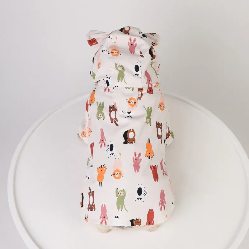 Cartoon dog raincoat with double waterproof coating in beige colour with cat head design