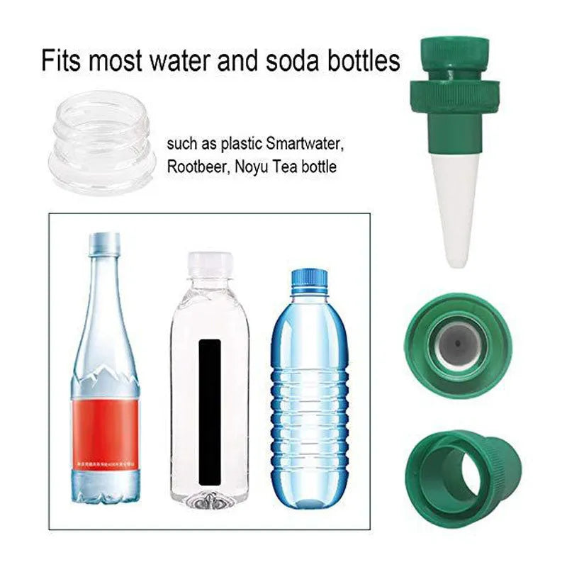 Green ceramic automatic water dripper device for attaching to a cola bottle for plant irrigation.