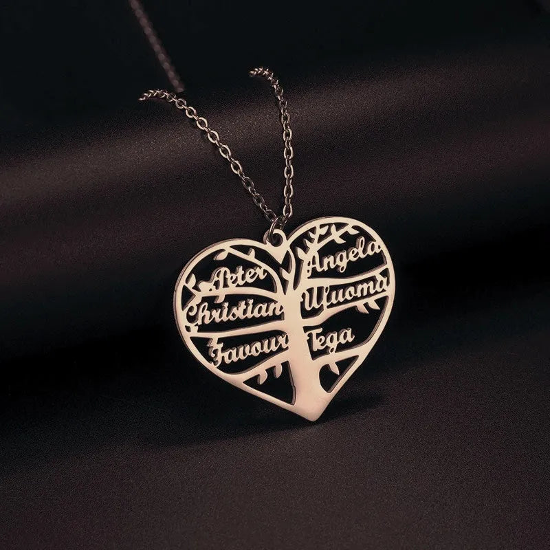 Custom stainless steel necklace with hollow heart, letter, and lucky tree pendant, available in silver, gold, rose gold.