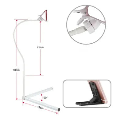 Black bedside mobile phone bracket with adjustable overhead shelf mounted beside bed frame