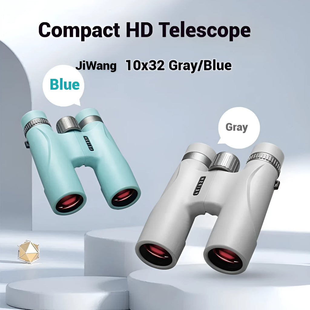 Blue and grey compact 10x32 binoculars with wine red film imaging lenses