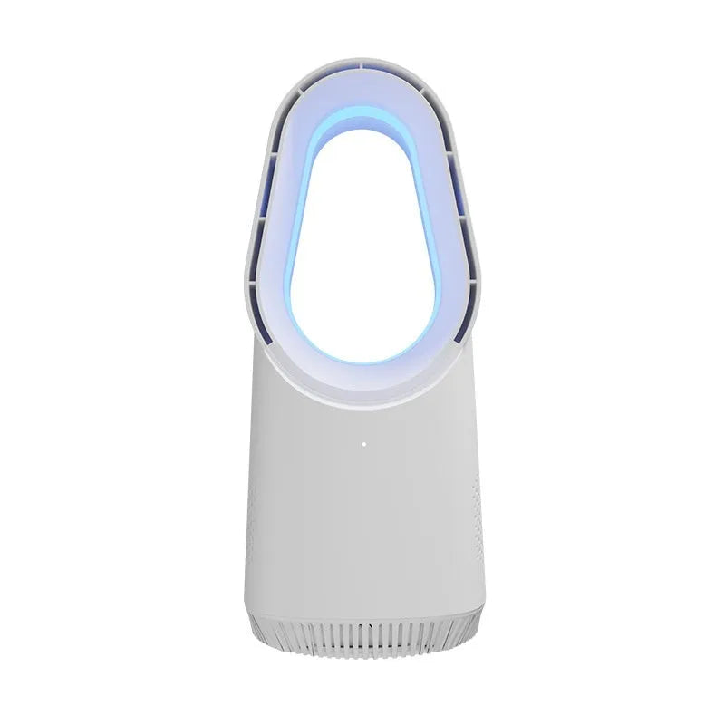 SK white bladeless tower fan with remote control placed on a wooden floor.