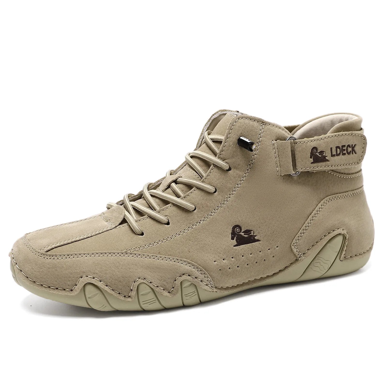 Men's khaki high-top octopus boots with flat rubber soles and round toe