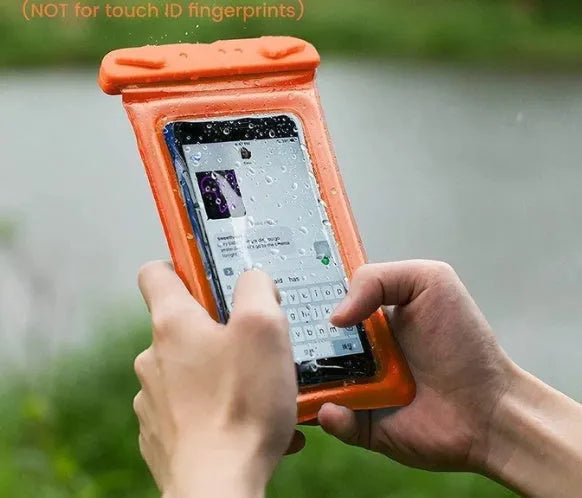 Orange waterproof phone pouch with clear window and black neck rope on a blue background.