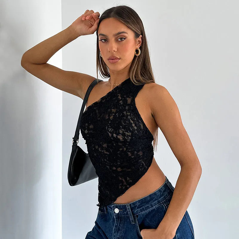 Women's slim fit lace backless sleeveless top with asymmetrical neckline in solid colour