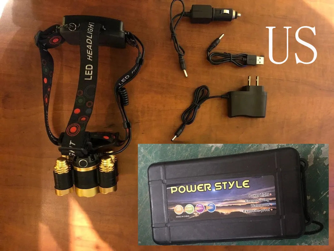 Aluminium alloy LED head torch with adjustable zoom focus and sensor switch option on headband.