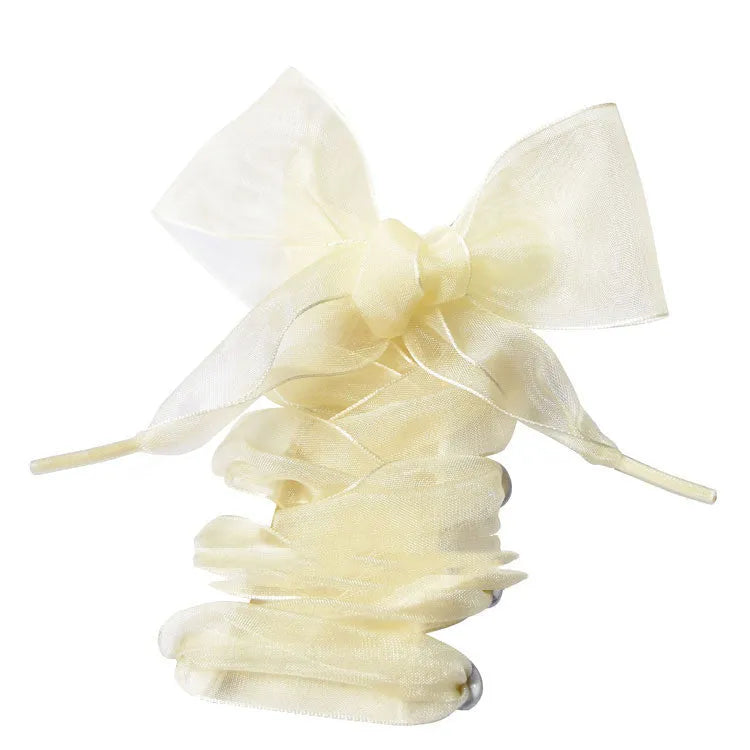 Wide 4cm transparent silk shoelaces in beige, black, and wine red colours, showing length.