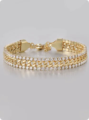 Gold tennis bracelet with artificial gemstone details on titanium steel band