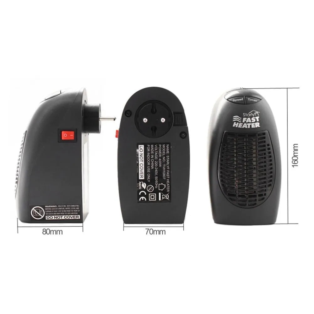 Black plastic mini electric heater with digital display and rotating plug on white background