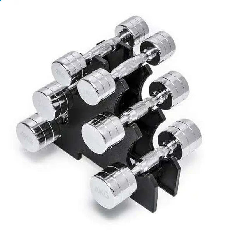 Silver pure steel electroplated dumbbell with ergonomic handle on a grey background