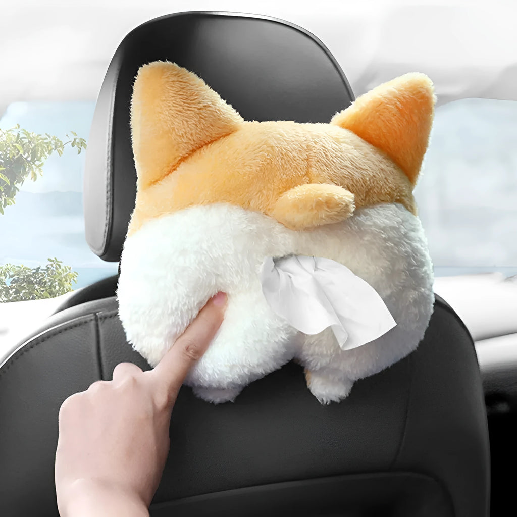Yellow soft plush corgi butt shaped car tissue holder with elastic hanging straps.