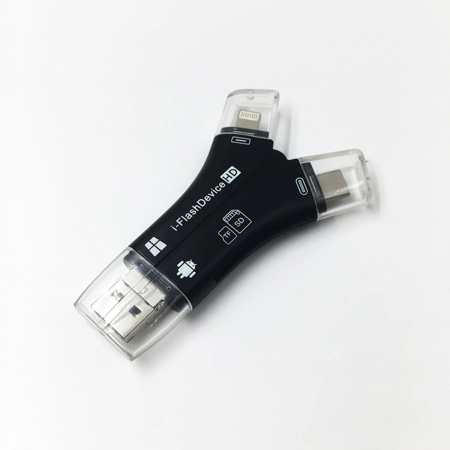 White NK908 4-in-1 mobile card reader with Lightning, USB, Type-C, and MicroUSB ports next to an SD card.