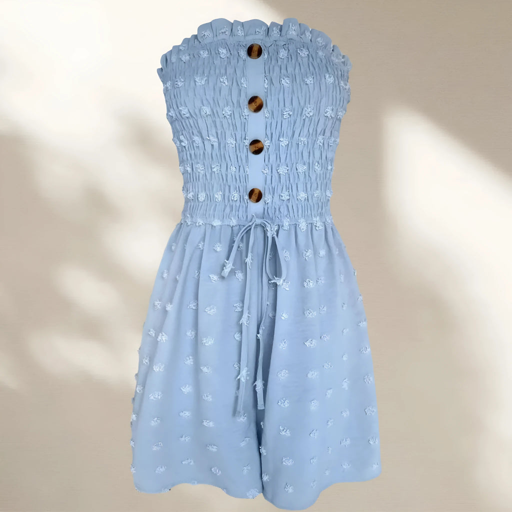 Women's sleeveless off-shoulder jumpsuit in solid colour with elastic waist and button details