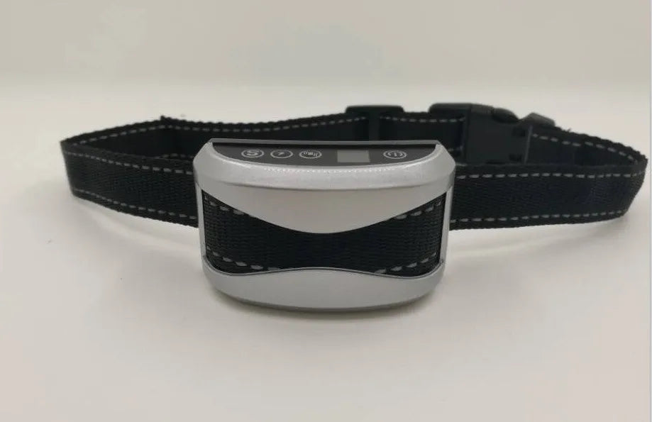 Digital anti-bark dog training collar with reflective strap on black, gold, and silver backgrounds.