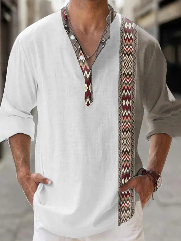 Thin striped Hawaiian long sleeve shirt in polyester fabric on a hanger