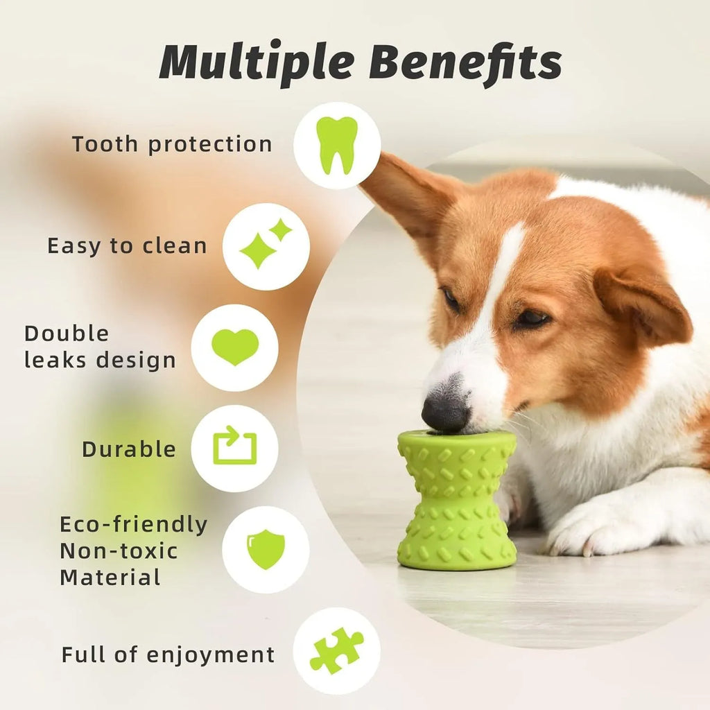 Natural rubber treat dispensing dog toy for aggressive chewers in blue green purple colours