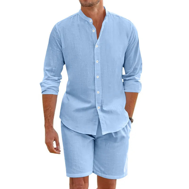 Men's summer shirt shorts set with button-down short sleeve shirt and drawstring shorts in multiple colour options