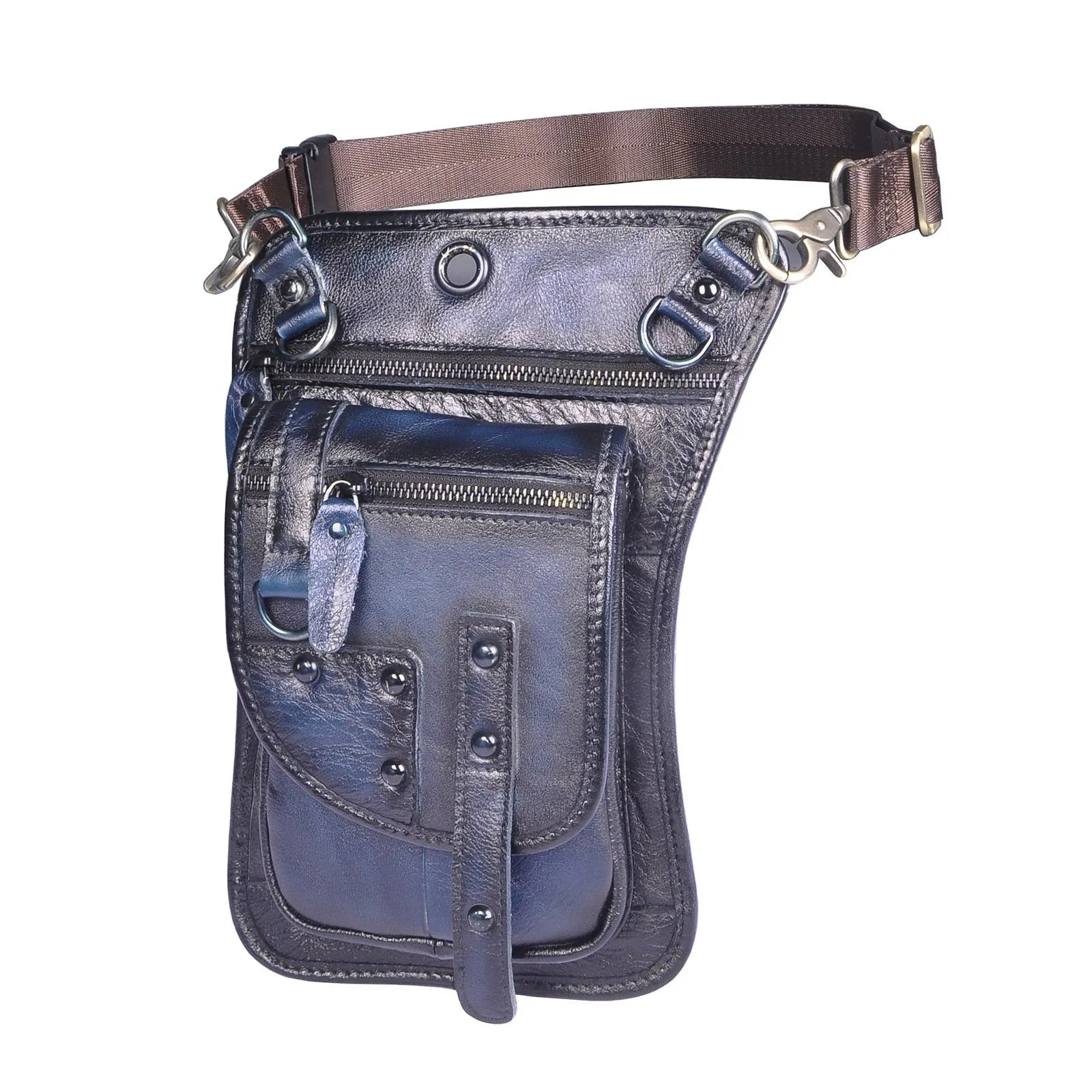 Small black genuine leather men's punk-style fanny pack worn on waist with zipper open