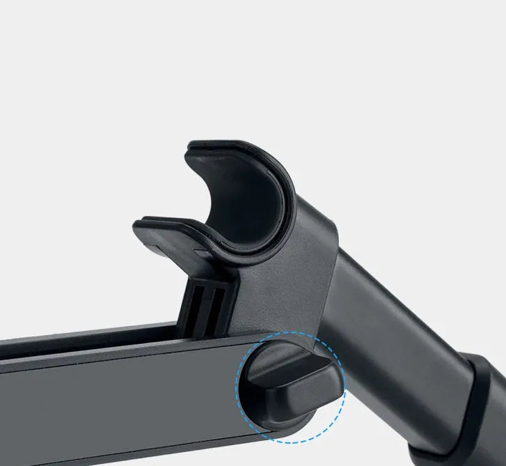 Black universal car phone holder mounted on vehicle rear seat base with tablet secured in snap-in mechanism
