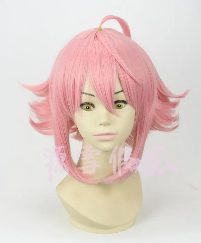 Pink upturned cosplay wig with artificial scalp and rose net lining, 35cm length