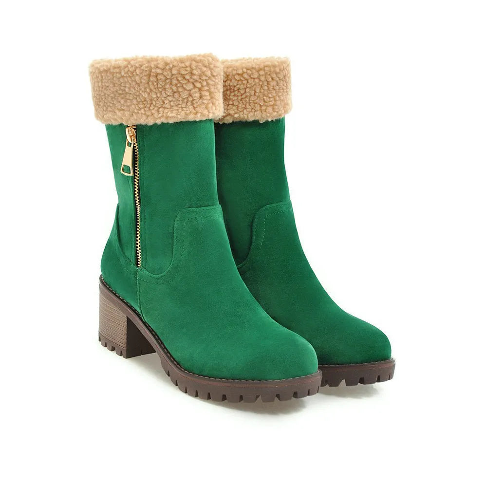 Women's snow boots with plush lining in black, grey, green, and orange colours